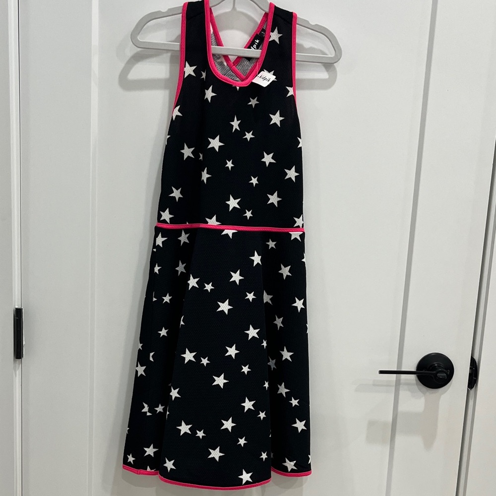 Kidpik Star Patterned Black Dress with Pink Trim